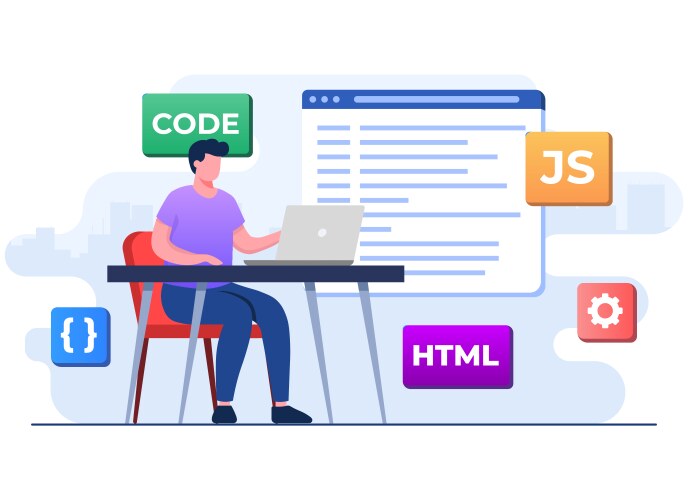 Web developer wiring code or program using laptop vektorbild