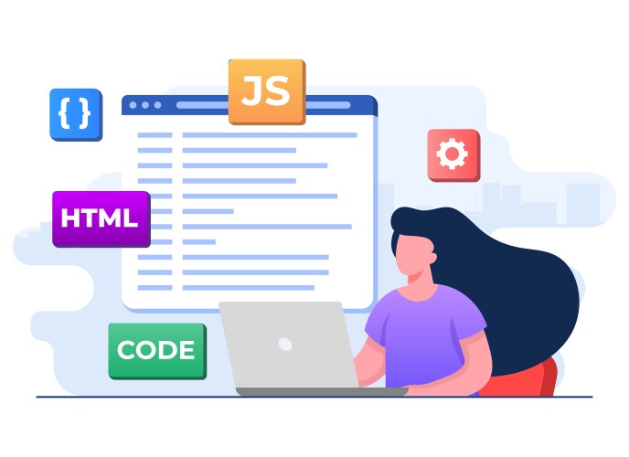 Web developer wiring code or program using laptop vektorbild