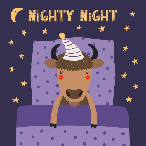 Cute funny sleeping bison with pillow blanket Vector Image