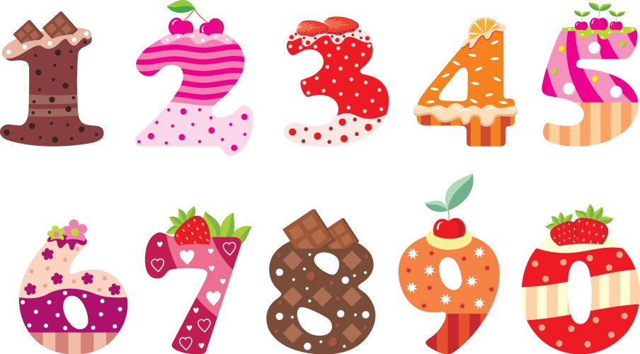 Snack Number Color Cake numbers and symbols Royalty Free Vector Image