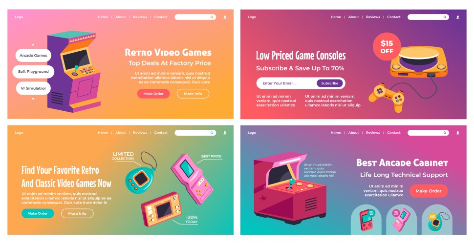 landing page set design with retro video games vector