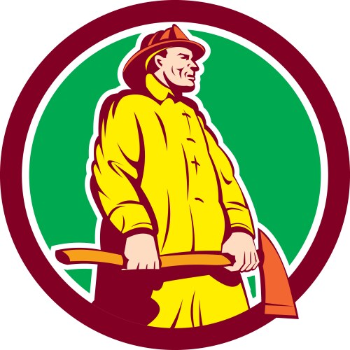 Fireman firefighter standing axe circle retro vector image