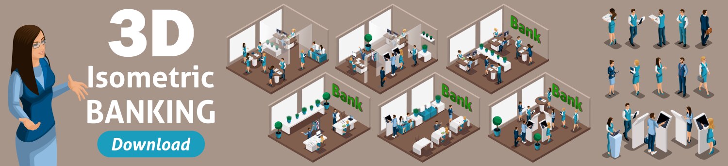 Large set of isometric 3d bank employees Vector Image