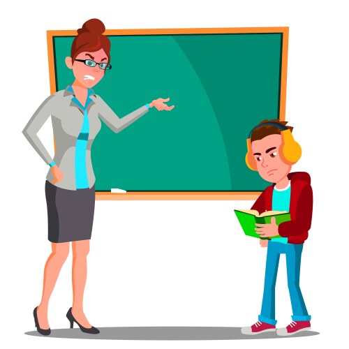 Angry teacher at the blackboard child desk vector image