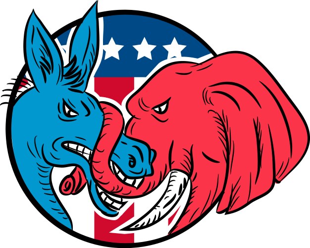 Donkey biting elephant trunk american flag drawing Vector Image