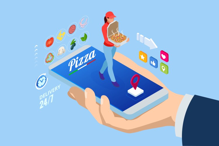 Isometric online pizza order mobile app templates vector image