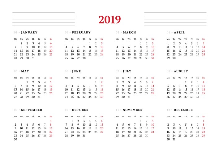 calendar for 2019 year on white background design vector