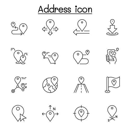 Location and address icon set in thin line style vector image