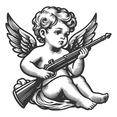 Cherub with Rifle - Scratch Board Style Vector Image