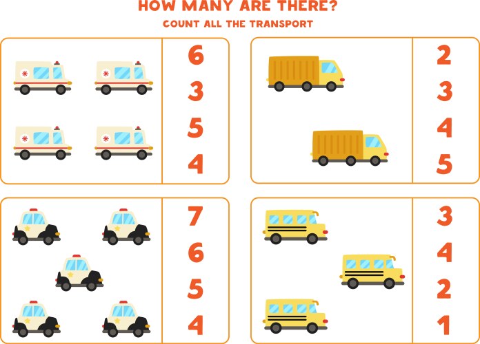 Math game count all vehicles transportation Vector Image