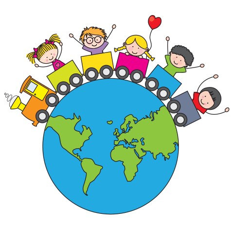 Children traveling by train around the world vector image