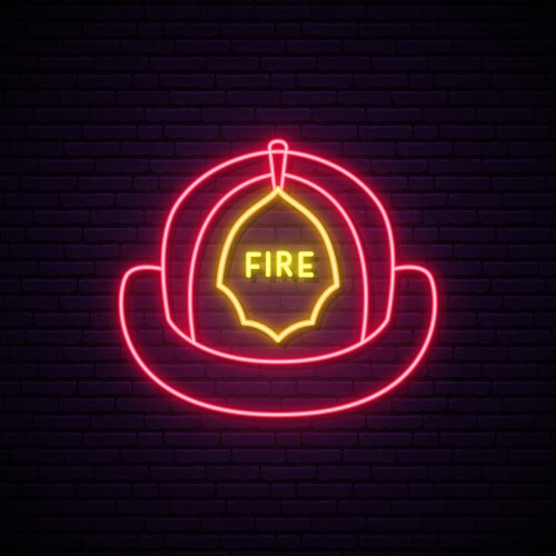 Neon fireman helmet sign glowing firefighter Vector Image