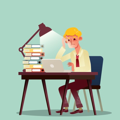 Hard working business man with pile of work vector image