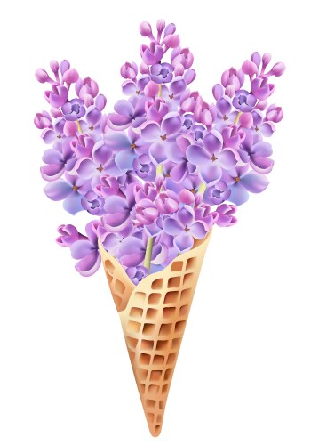 Waffle cone filled with lilac flowers hand Vector Image