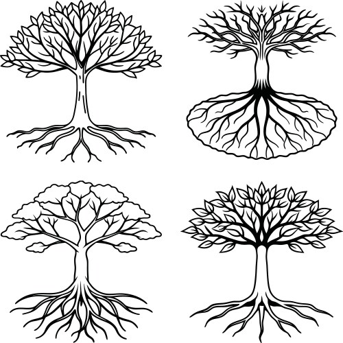 Set of stylized black and white tree depicting vector image