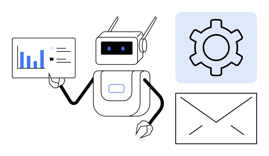 Automation robot analyzing data with graphs gear vector image