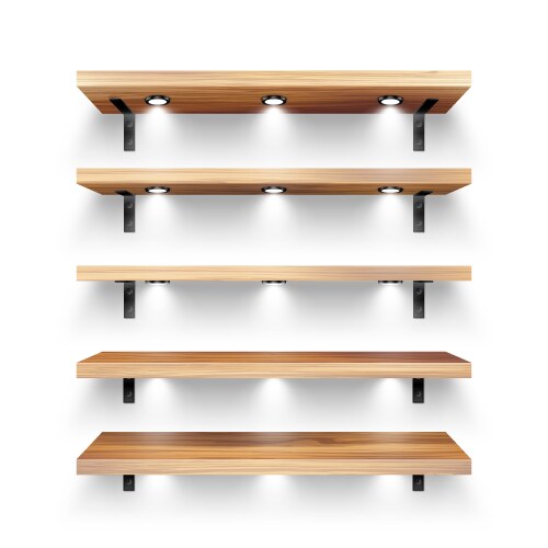 Realistic wooden store shelves with wall mount vector image