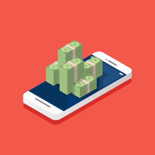 Pile of money on the smartphone screen isometric vector image