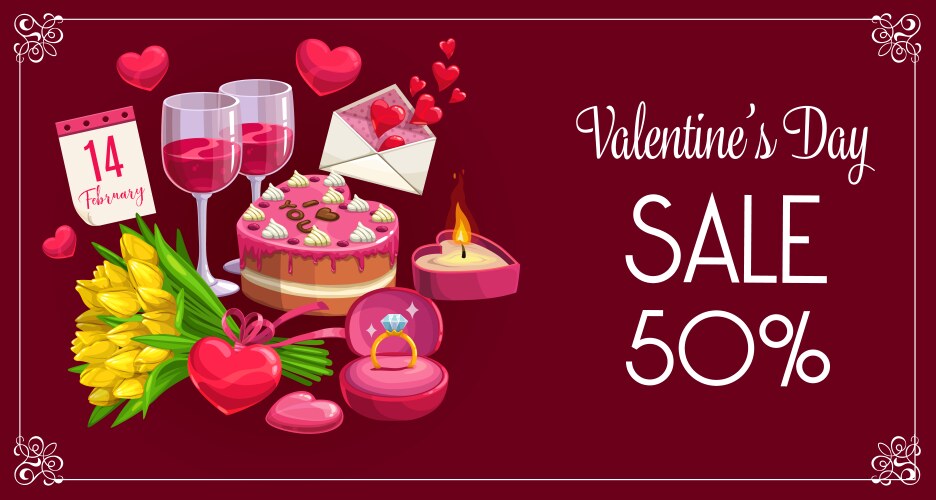 Valentine day sale banner hearts and flowers vector image