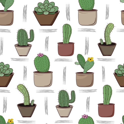 Cactus Pattern - Floral Pots Vector Image