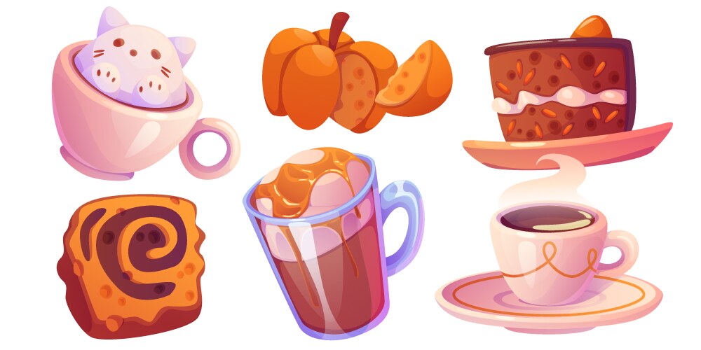 Pumpkin spice drink and desserts set Vector Image