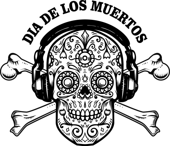 Sugar Skull with Headphones - Day of the Dead Vector Image
