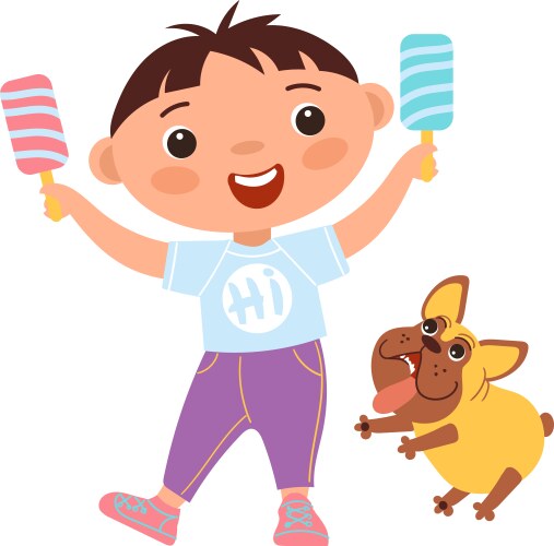Child with popsickles in hands and funny dog Vector Image