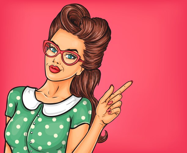 Pop art girl pointing at something vector image