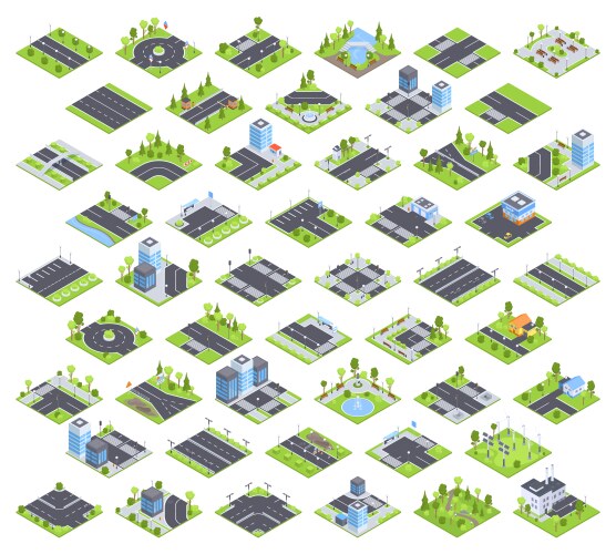 Isometric road signs set on green terrain Vector Image