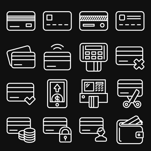 credit cart icons set on black background line vector image