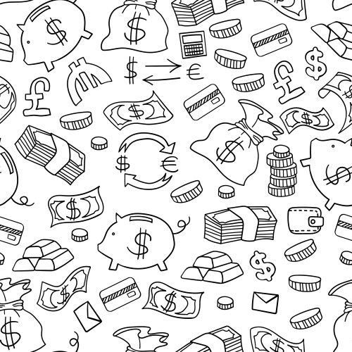 Money Doodle Pattern - Hand Drawn Coins & Piggy Ba Vector Image