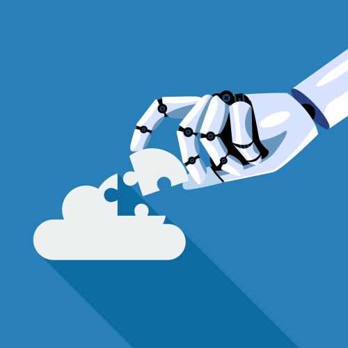 robot inserts the missing puzzle in cloud vector image