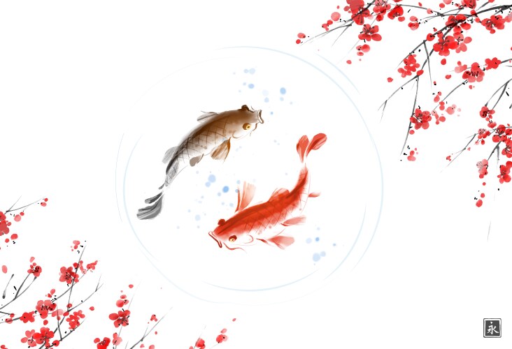 Two koi caps and sakura blossom traditional Vector Image
