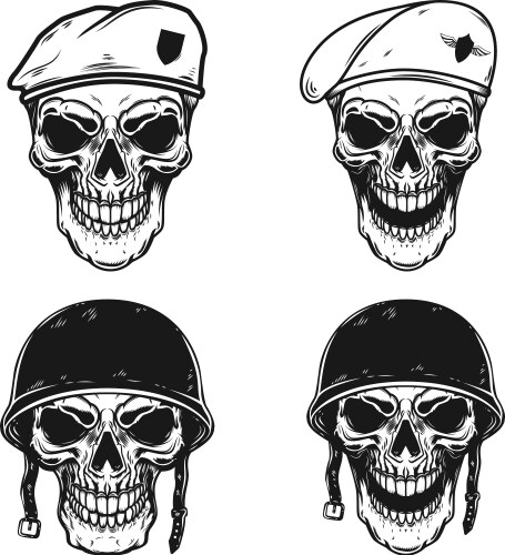 Skull in Battle Helmet & Beret Vector Image