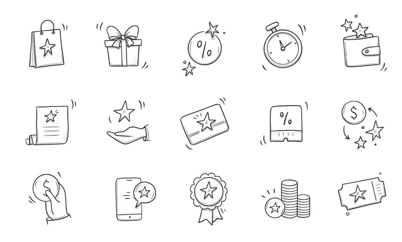 doodle gift discount coupon icon set hand drawn vector