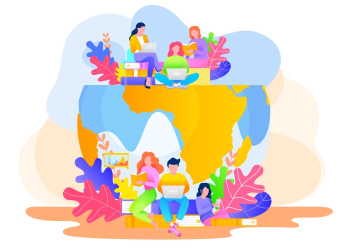 Modern characters sitting on colorful planet Vector Image