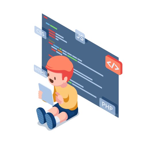 Isometric kids coding and programing on digital vector image