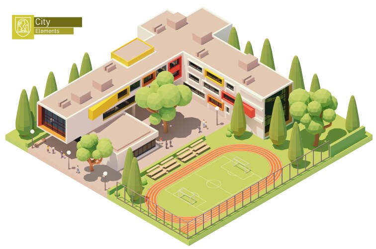 Flat 3d isometric school building bus stadium Vector Image
