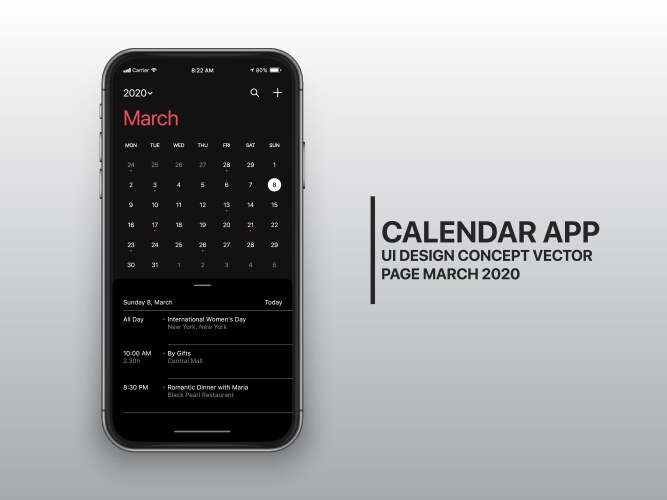 Design template dark mode calendar app ui ux vector image