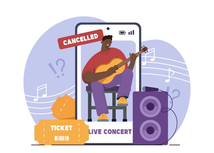 Cancelled virtual concert event scene Vector Image