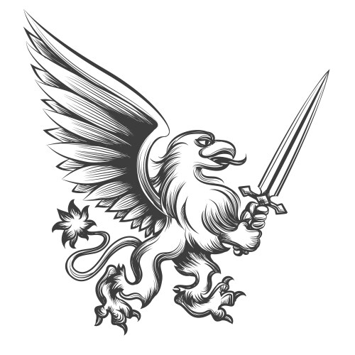Engraving griffin with sword Vector Image
