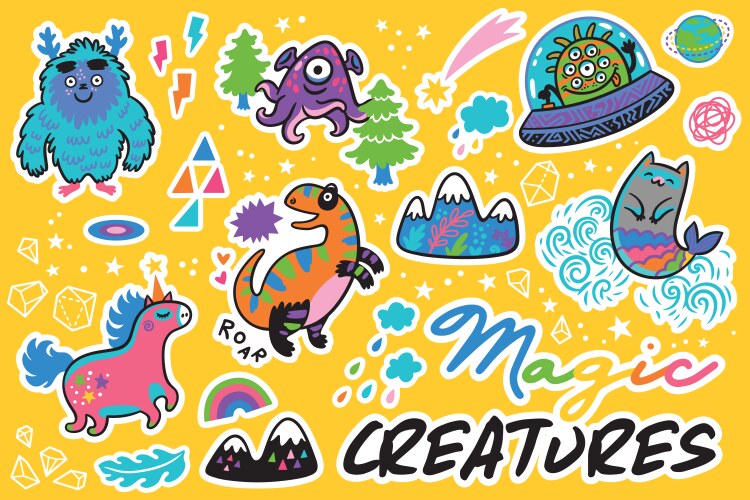 Magic creatures sticker set Vector Image