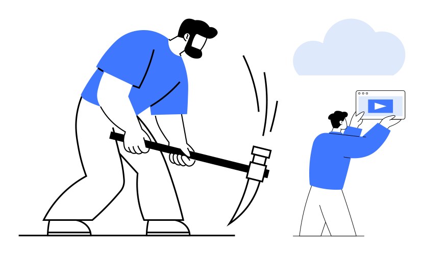Workers using tools and technology to build vector image