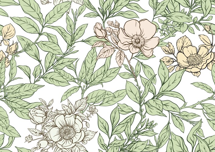 Green Tea & Wild Rose Branch Pattern Vector Image