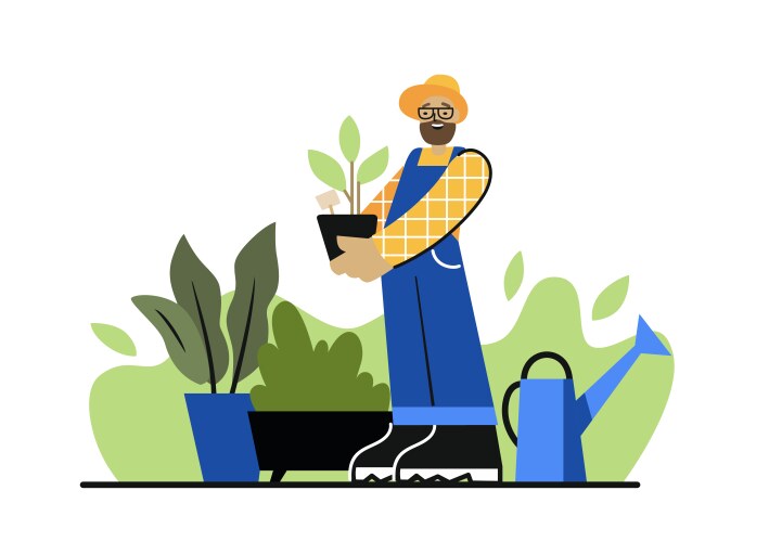 Bearded man holds plant in his hands garden vector image