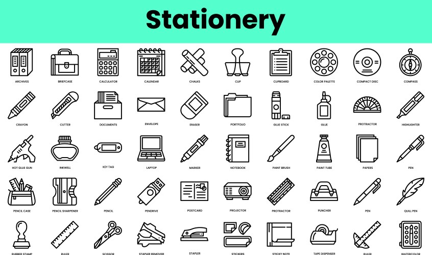 Set of stationery icons linear style icon bundle vector image