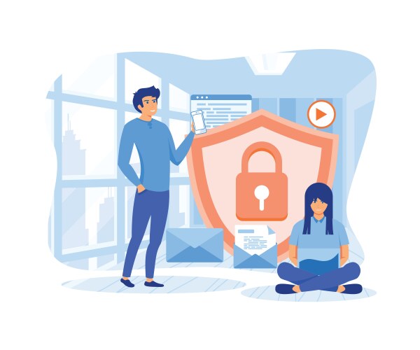 Man and woman protecting personal data security vector image