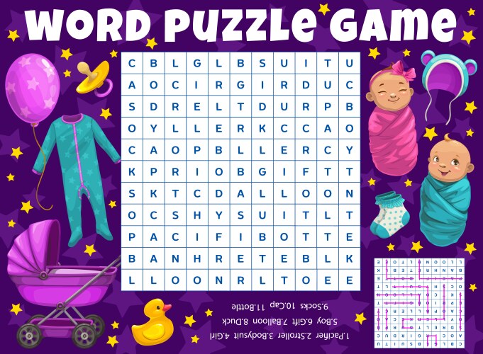 cartoon newborns and kids toys word search puzzle vector image