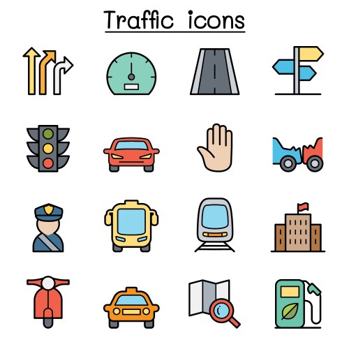 traffic and transportation color line icon set vector