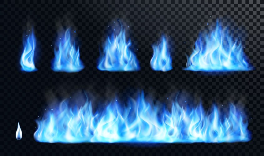 blue fire flame realistic set vector